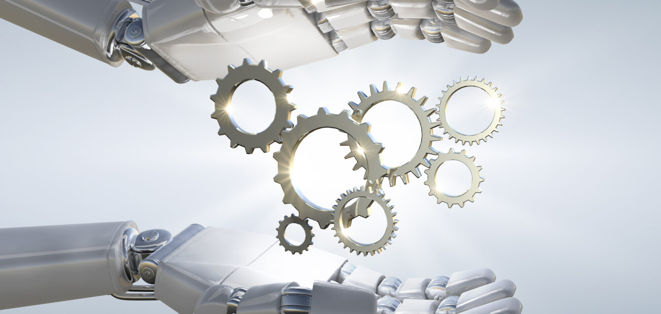 3D rendering robot hand holding metal 3D mechanical gear.