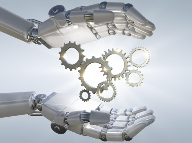 3D rendering robot hand holding metal 3D mechanical gear.