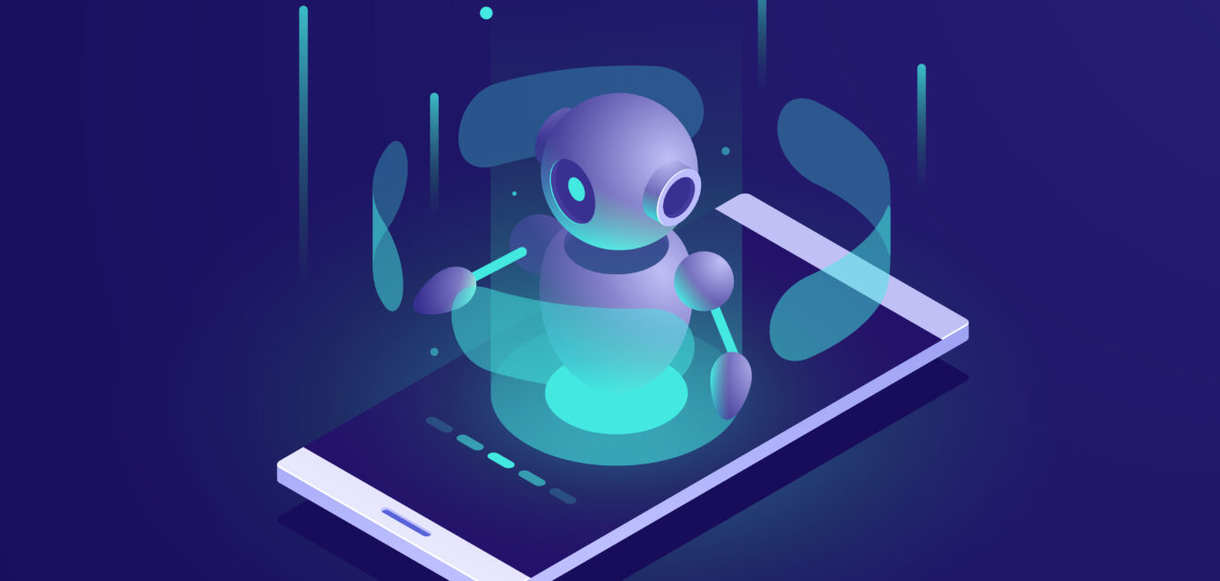 Artificial Intelligence, isometric ai robot on mobile phone screen, chatbot app vector neon