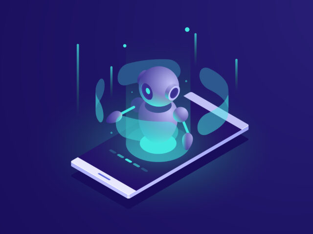 Artificial Intelligence, isometric ai robot on mobile phone screen, chatbot app vector neon